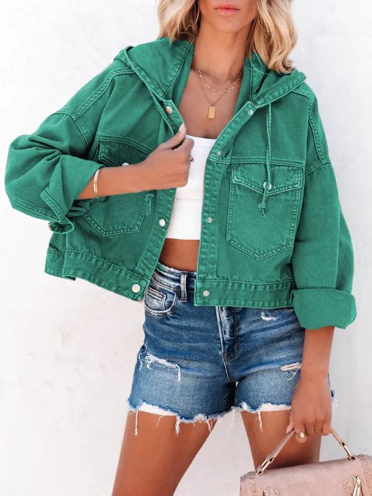 Women's Denim Jacket 2023 Autumn New Drawstring Hooded Loose Women's Coats Streetwear Tops Female Coat Winter Woman Clothing