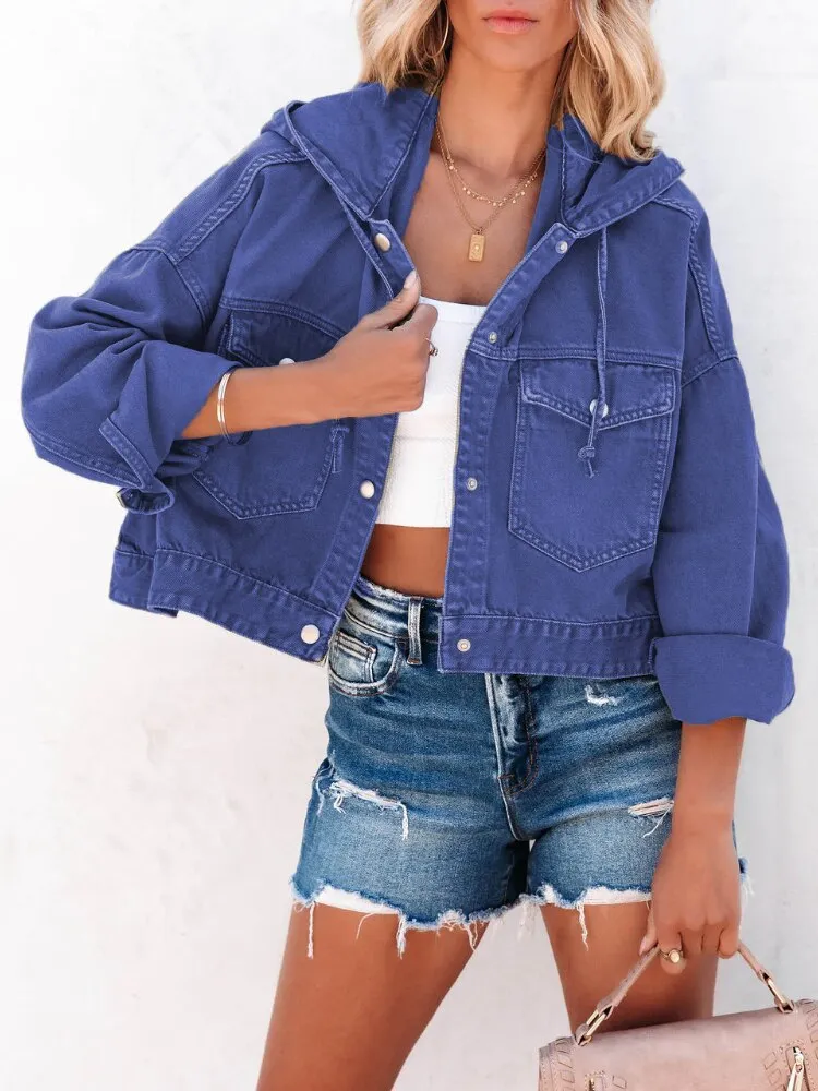 Women's Denim Jacket 2023 Autumn New Drawstring Hooded Loose Women's Coats Streetwear Tops Female Coat Winter Woman Clothing