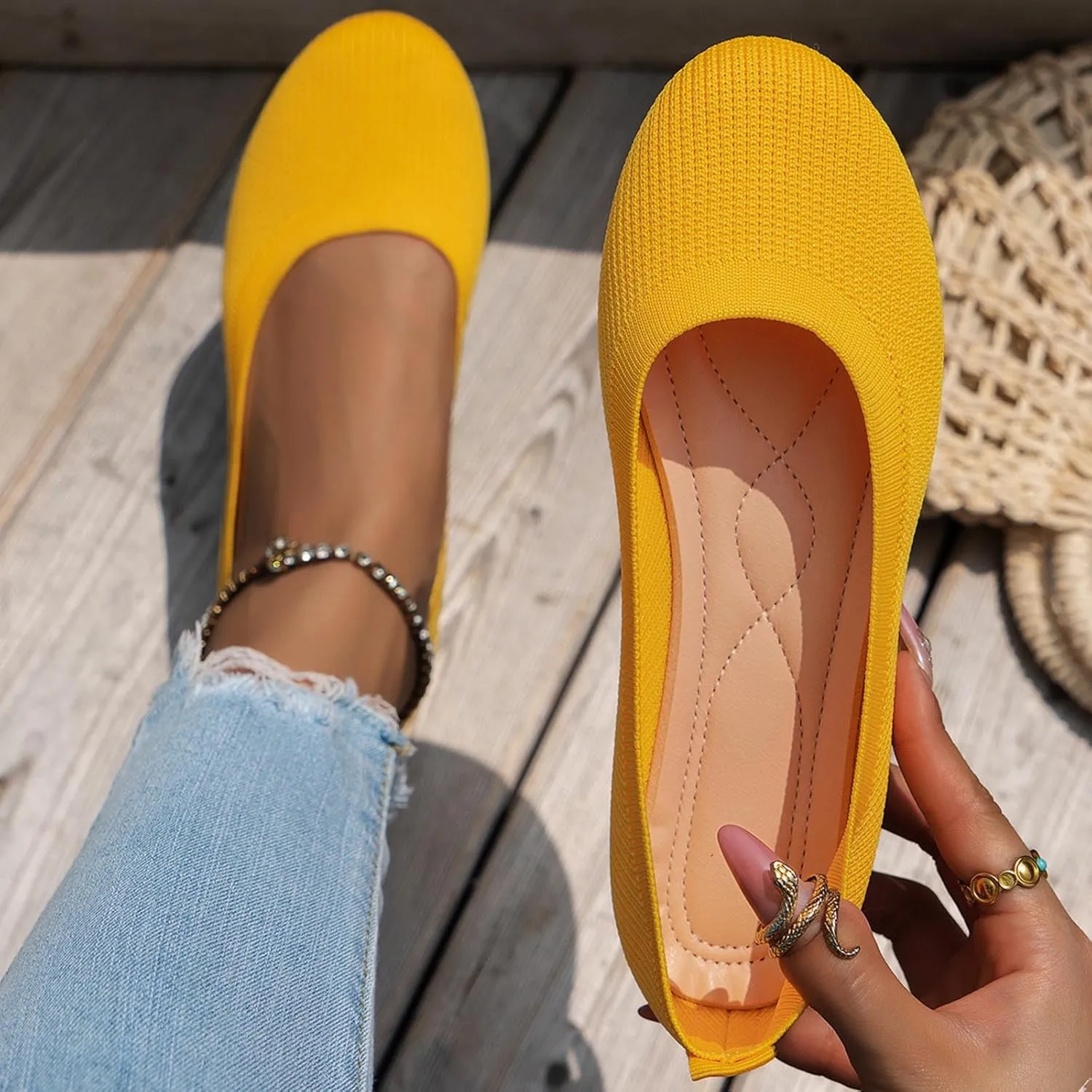 Women's Flat Shoes Flying Weave Round Toe Shallow Mouth Retro Colorblocking One Foot Stirrup Casual Work Single Shoes