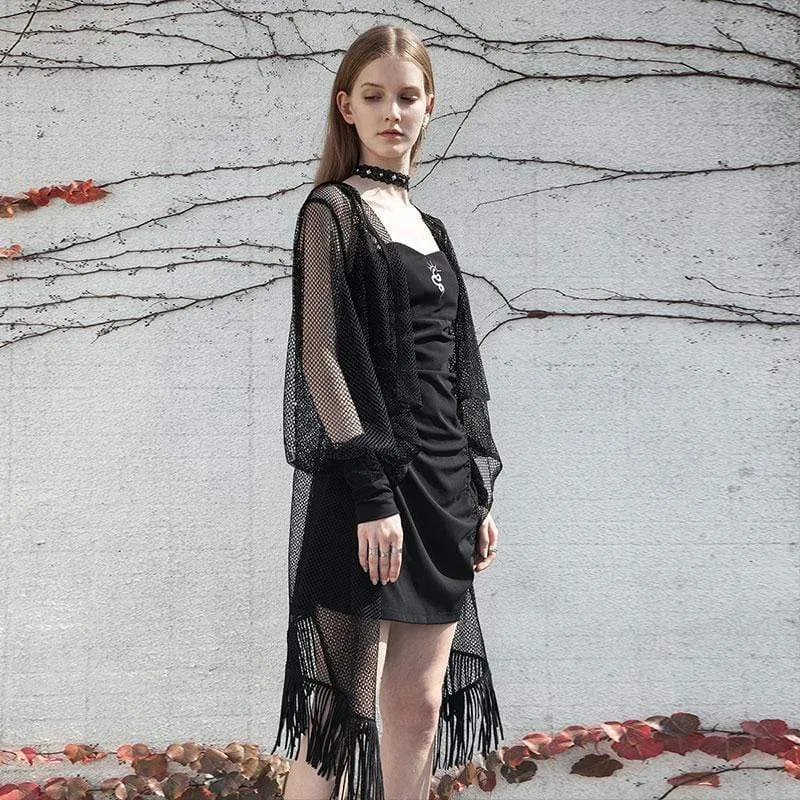 Women's Goth Hooded Mesh Sheer Long Jackets with Tassels