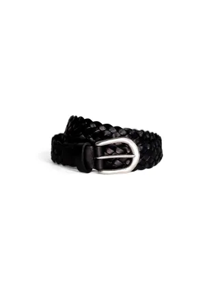 Woven Leather Belt A3152 - Black with English Silver