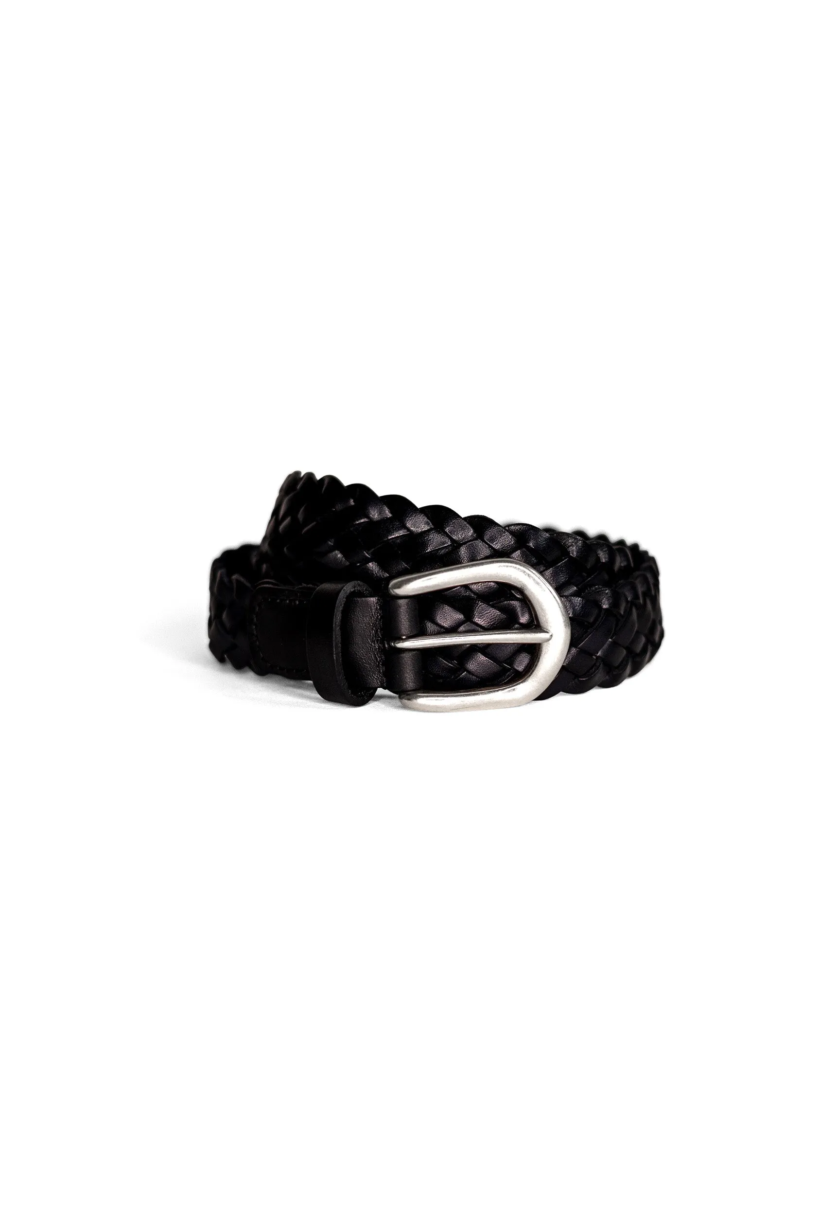 Woven Leather Belt A3152 - Black with English Silver