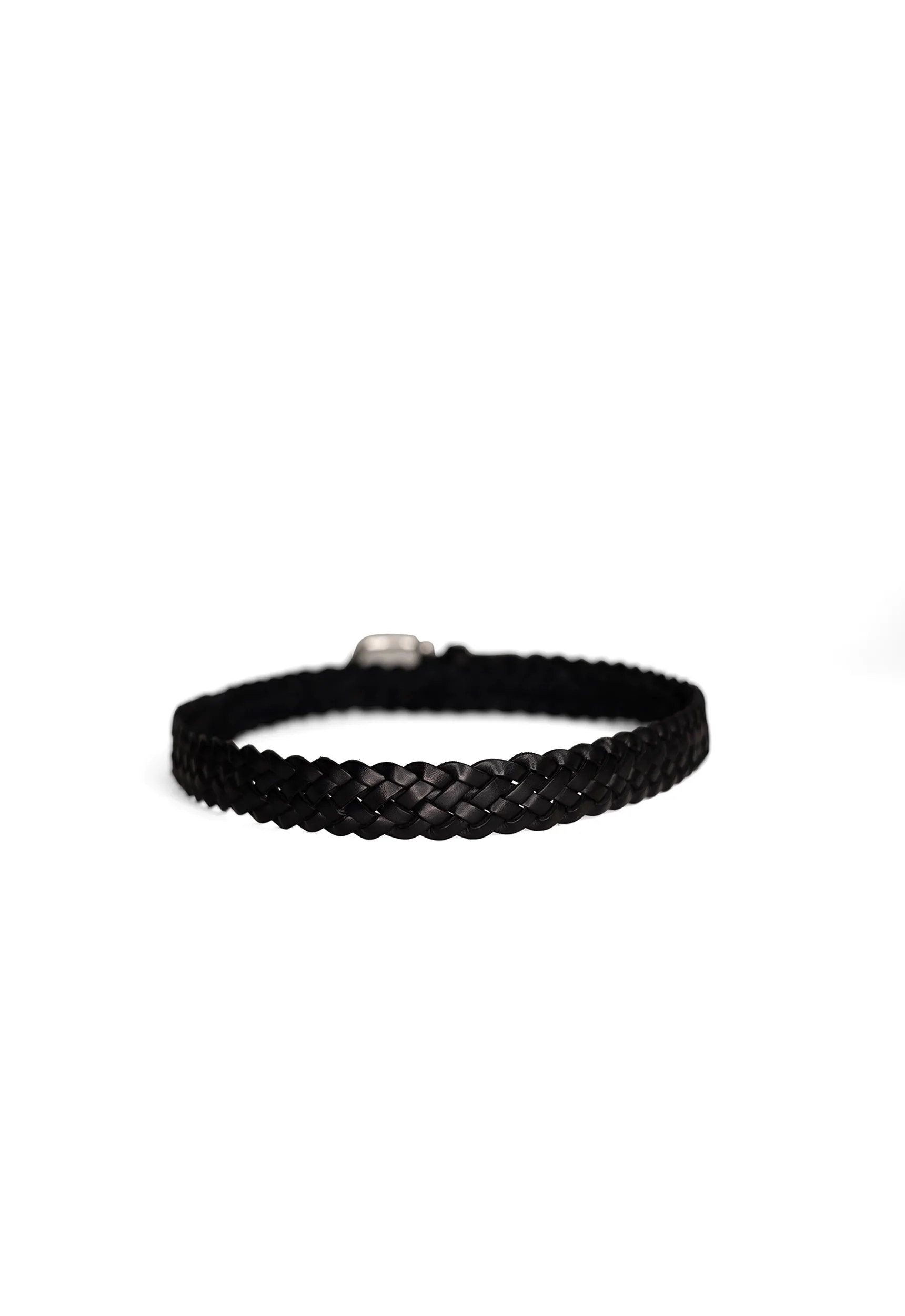 Woven Leather Belt A3152 - Black with English Silver