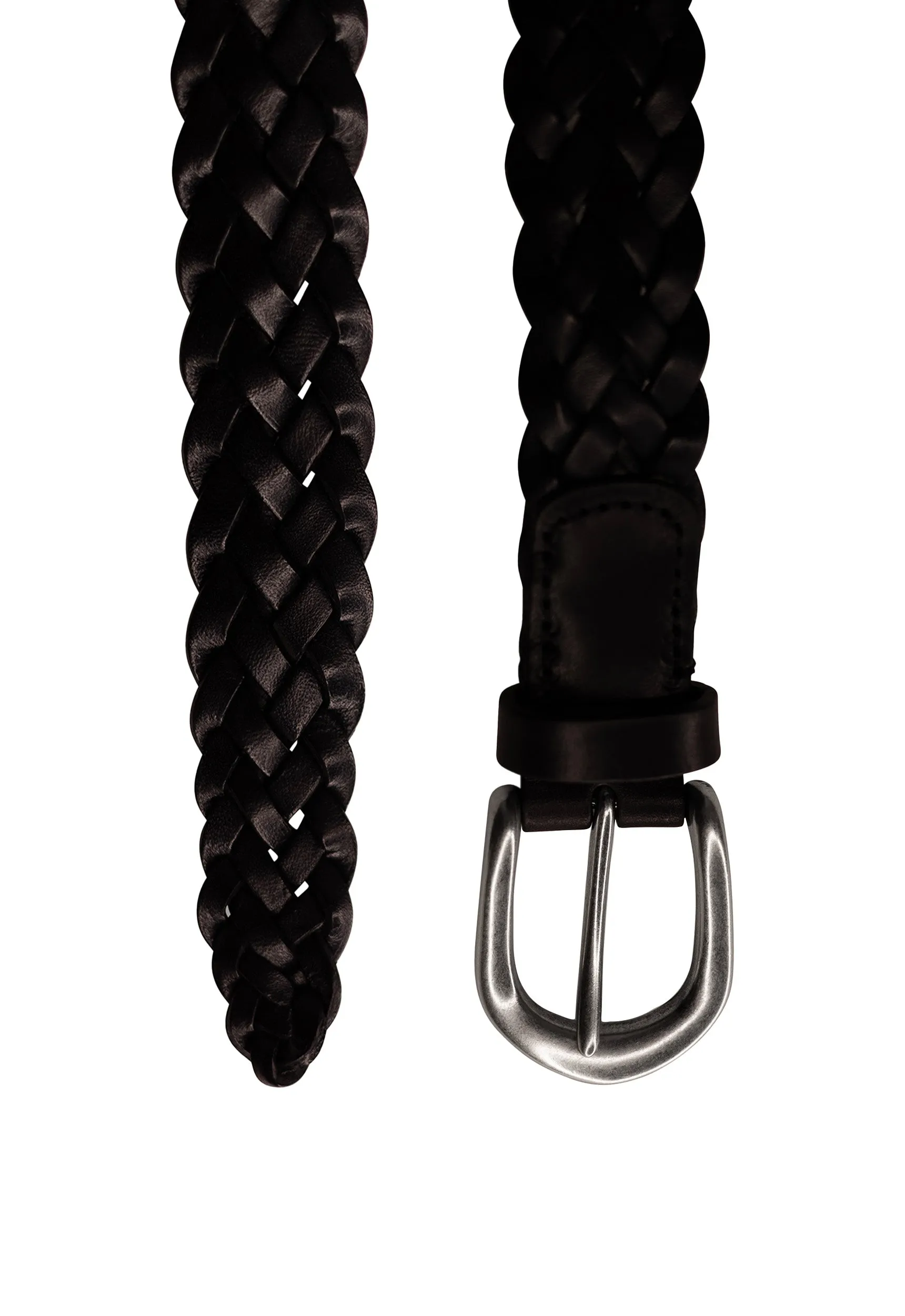 Woven Leather Belt A3152 - Black with English Silver
