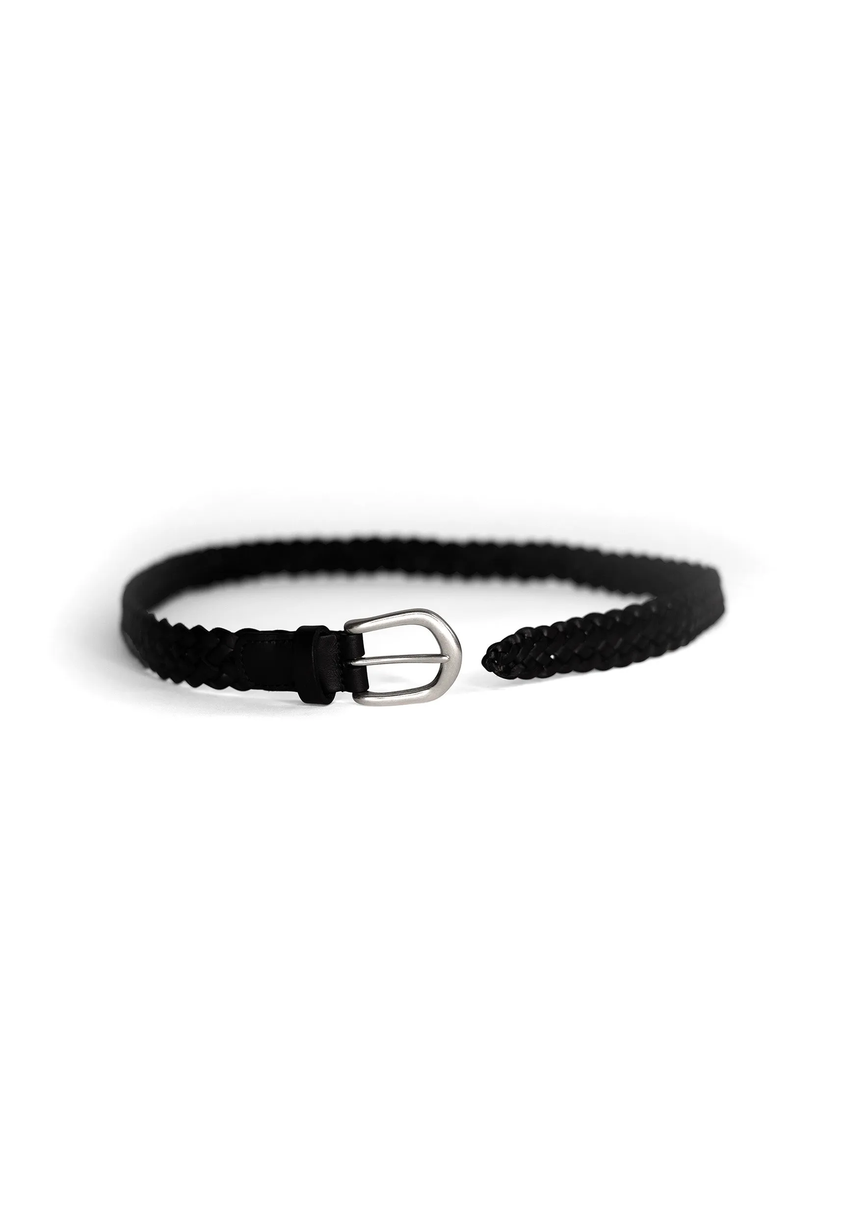 Woven Leather Belt A3152 - Black with English Silver